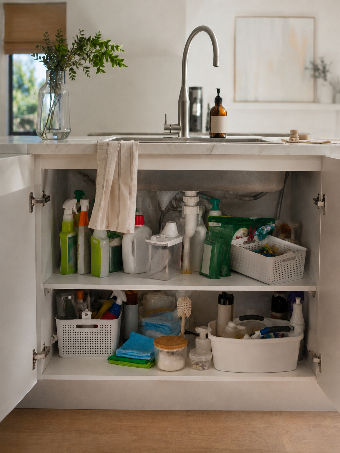 Cluttered cupboard before Crown Standard
