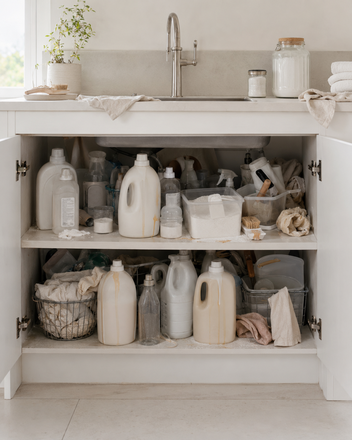Cleaning cupboard before organising