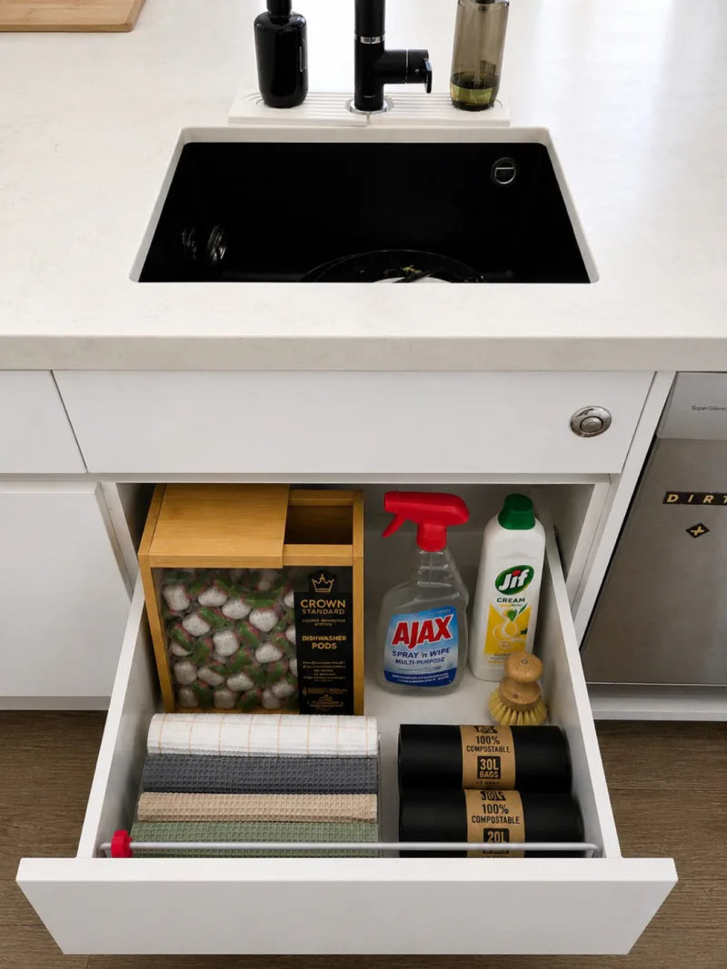 The same kitchen drawer organised with a Crown Standard pod container