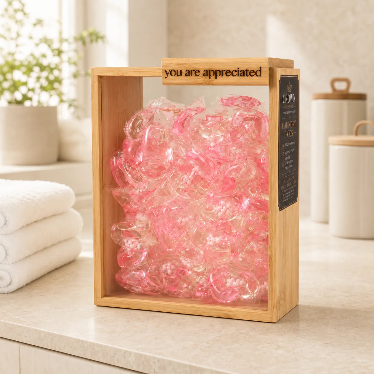 Cherry Blossom laundry pods in a bamboo Crown Standard container on a light stone bench