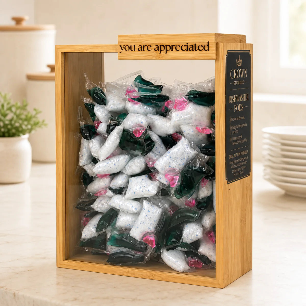 Crystal Shine dishwasher pods in a bamboo Crown Standard container on a light stone kitchen bench