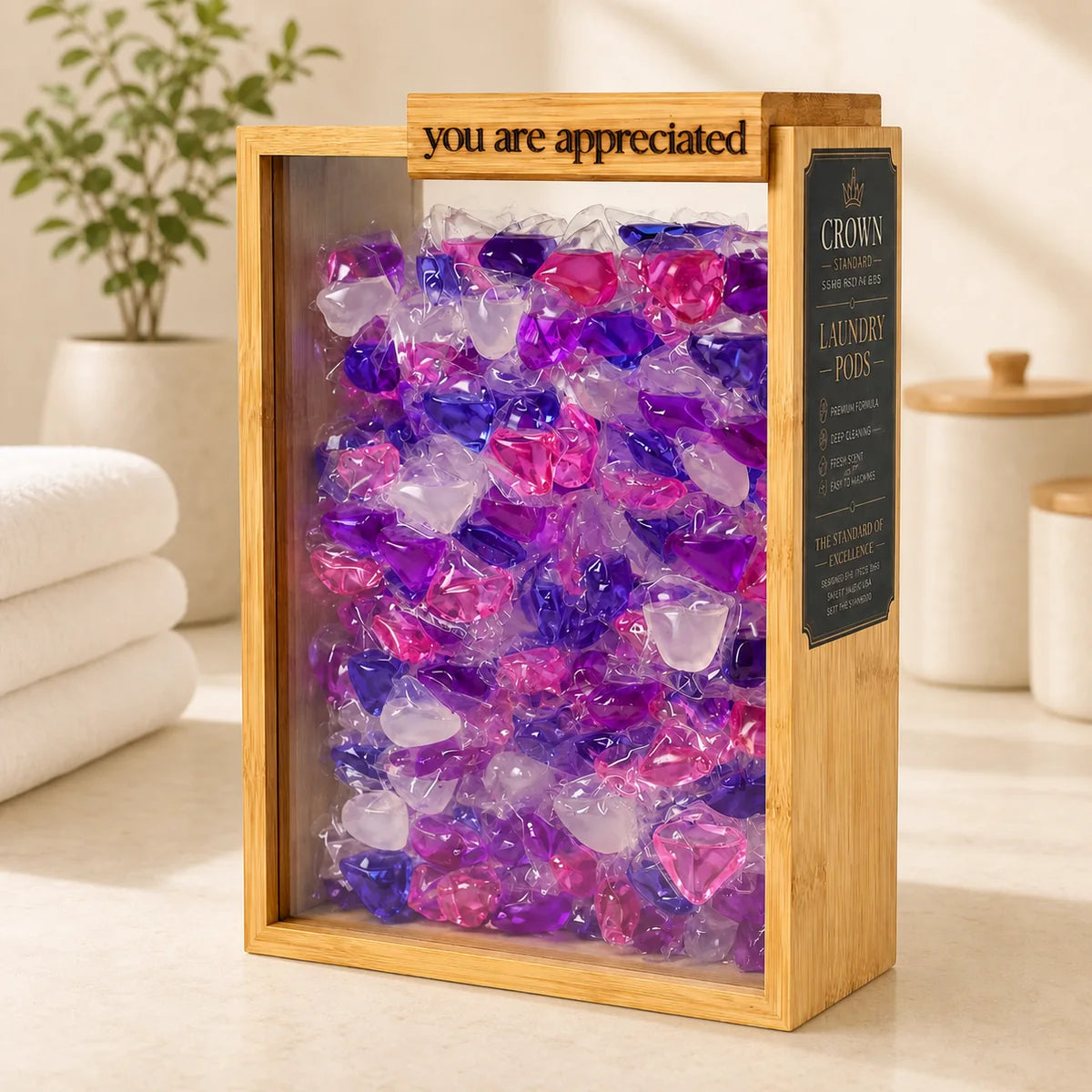 Luxe Linen laundry pods in a bamboo Crown Standard container on a light stone bench