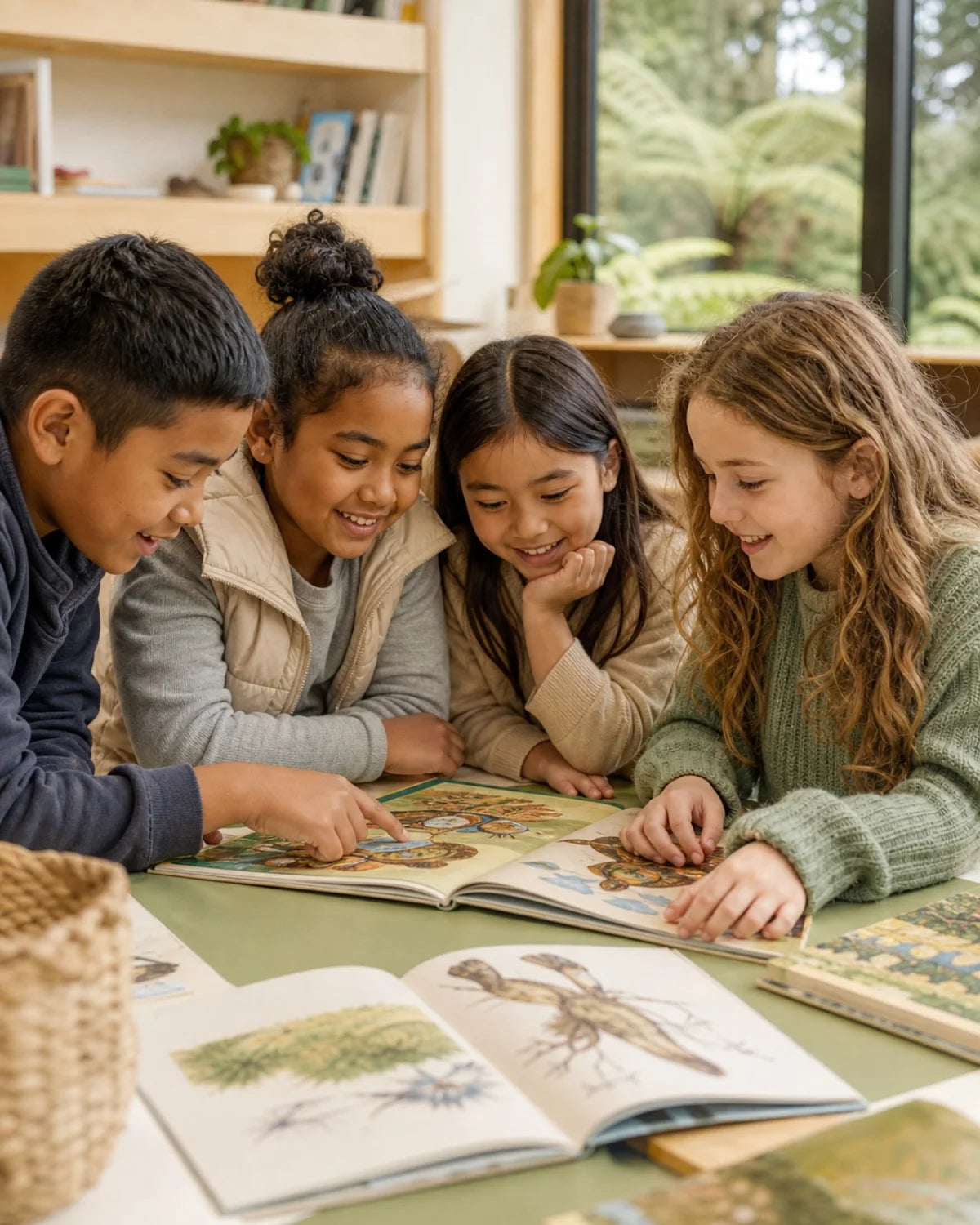 New Zealand schoolchildren reading and learning together in a bright classroom