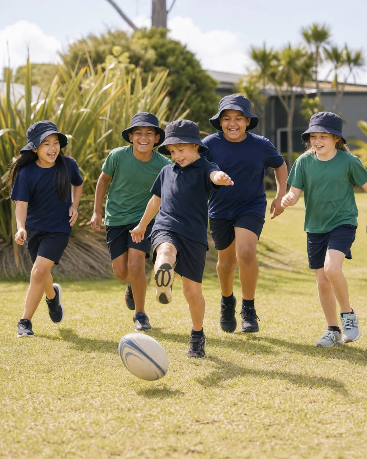New Zealand schoolchildren laughing and playing rugby together